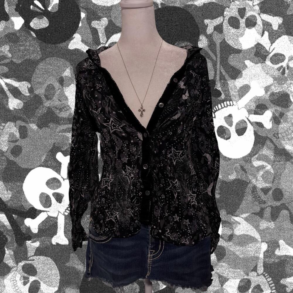abstract moon stars celestial print black button up whimsical indie long sleeve